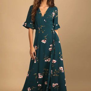 Lulus September Sunsets Dark Teal Floral Print Wrap Maxi Dress